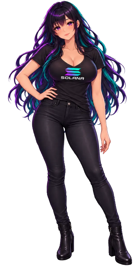 Sexy Solana Girl, full length, long purple and teal hair, black Solana tee and jeans, one hand on her hip
