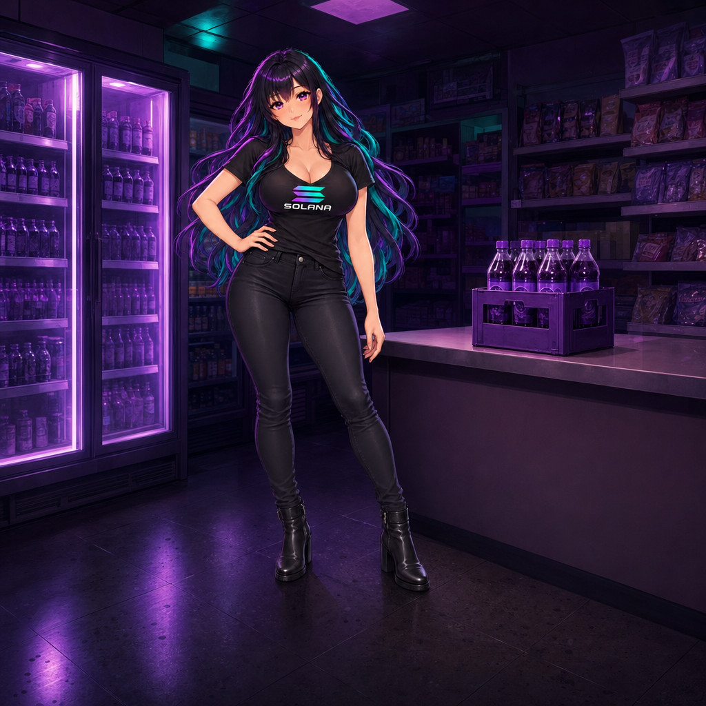 Sexy Solana Girl standing in a late-night convenience store beside glowing purple coolers and a crate of grape soda